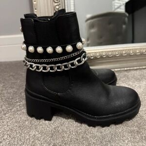 Steve Madden Black Combat Boots with Silver Chain and Pearl Details